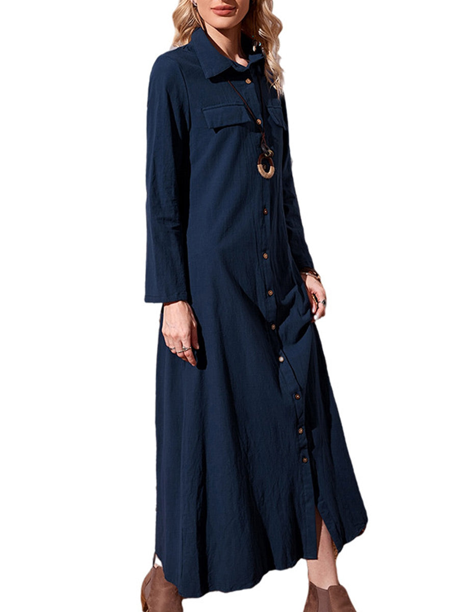 Pure Color Loose Casual Long Sleeve Cardigan Maxi Dress