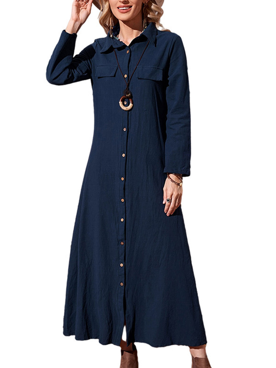 Pure Color Loose Casual Long Sleeve Cardigan Maxi Dress