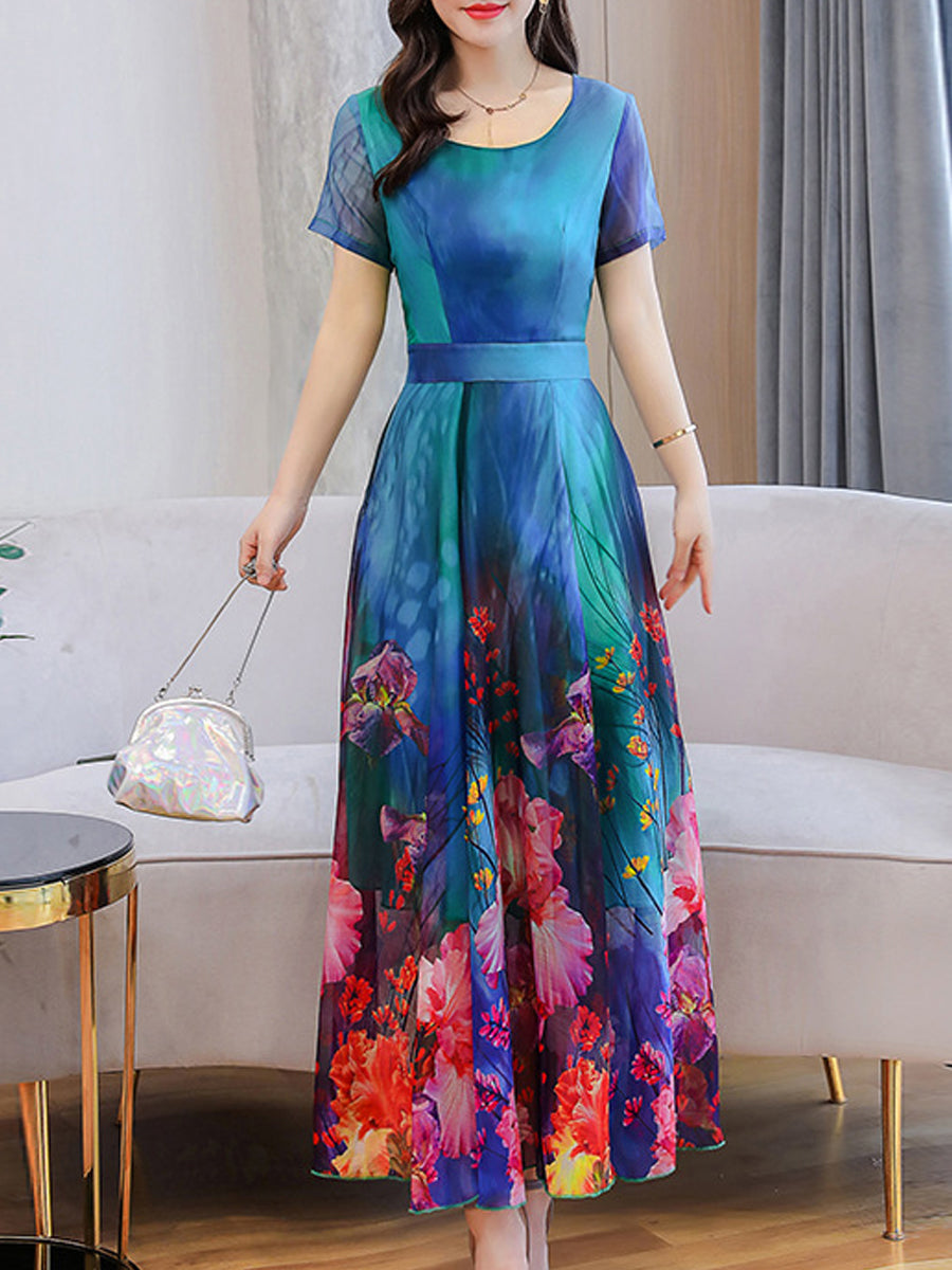 Elegant Round Neck Print Short Sleeve Dress