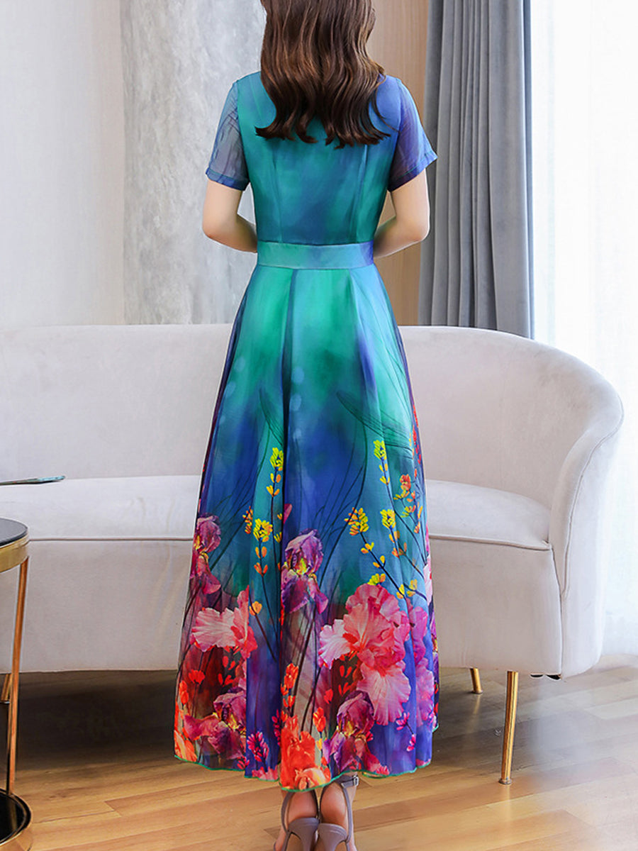 Elegant Round Neck Print Short Sleeve Dress