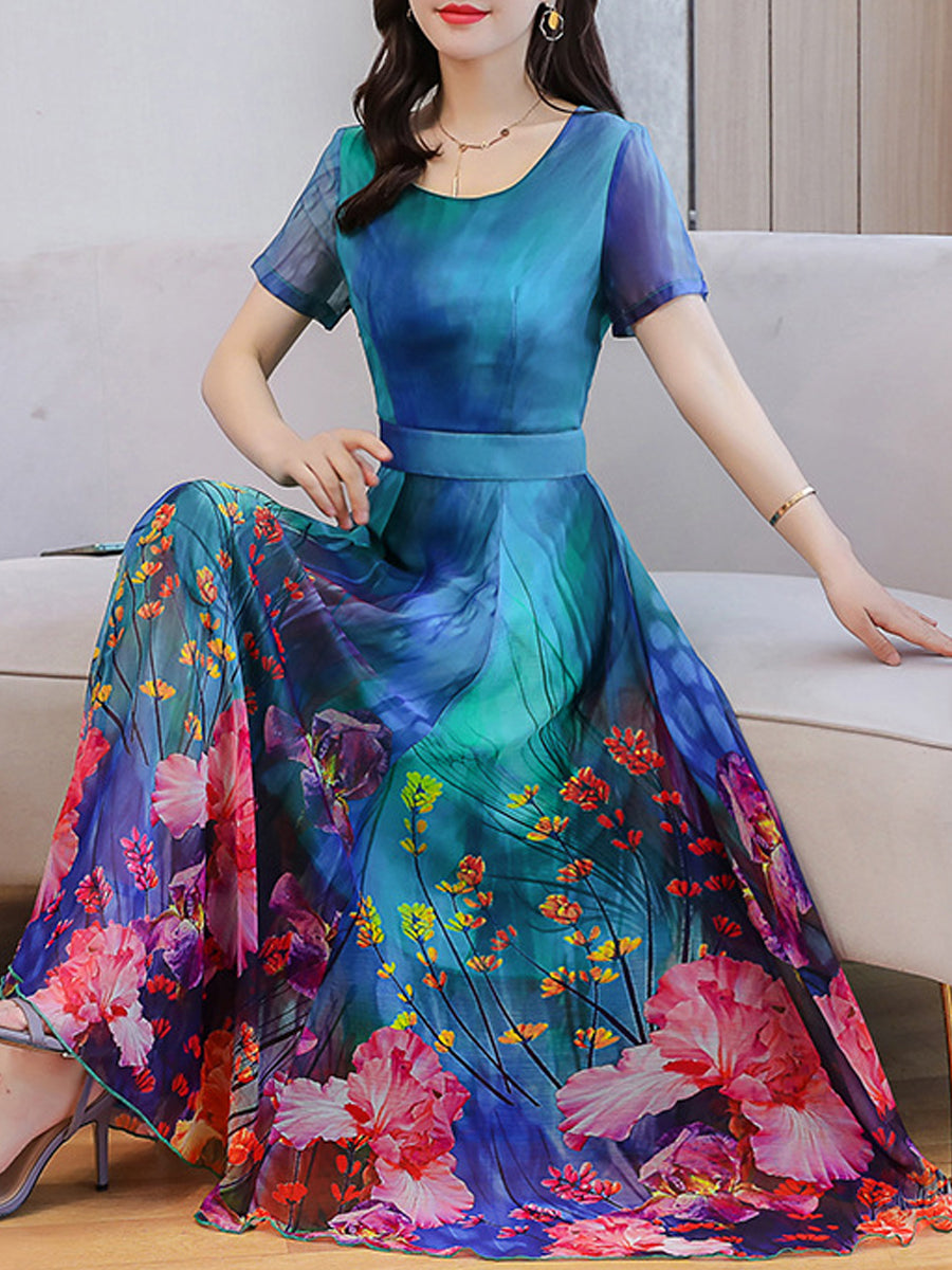 Elegant Round Neck Print Short Sleeve Dress