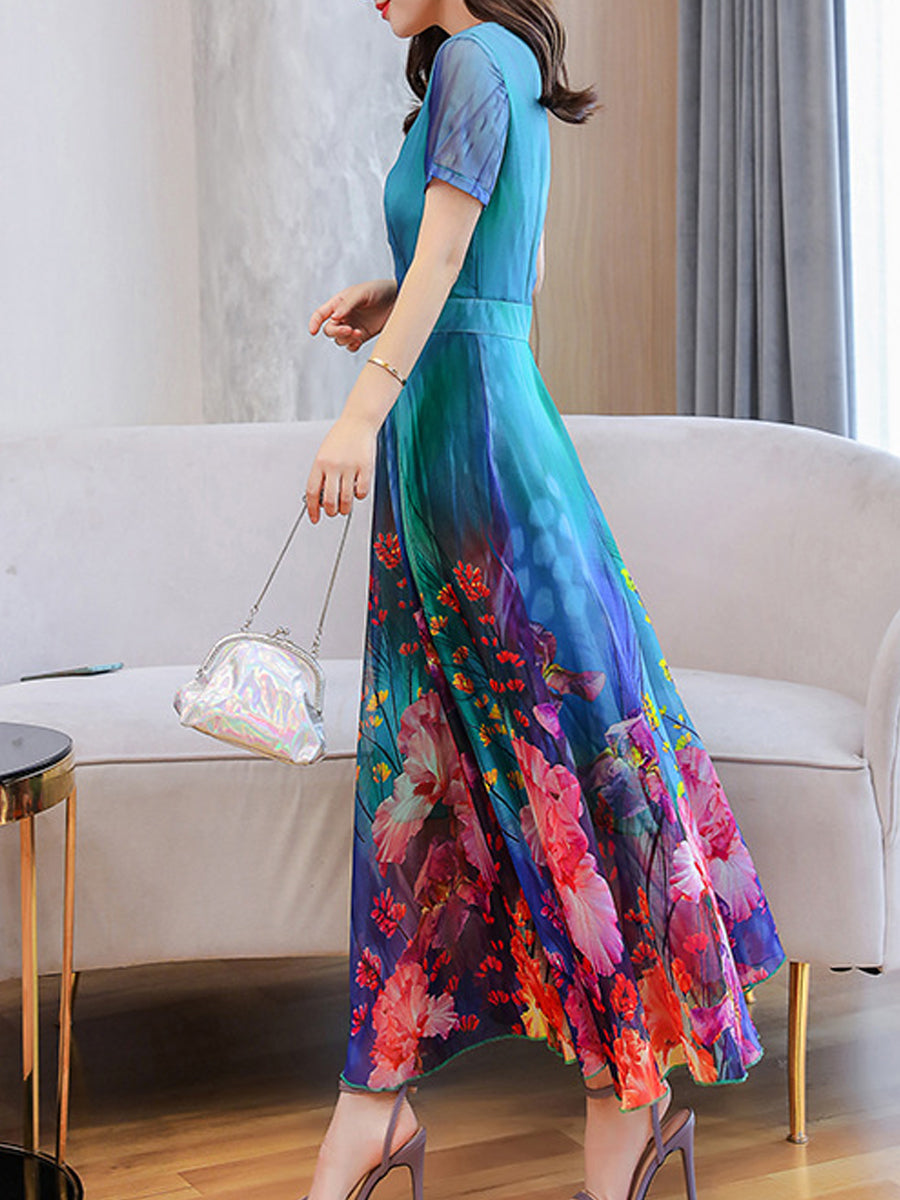 Elegant Round Neck Print Short Sleeve Dress