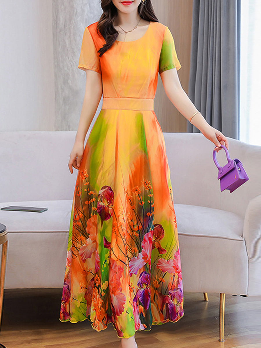 Elegant Round Neck Print Short Sleeve Dress