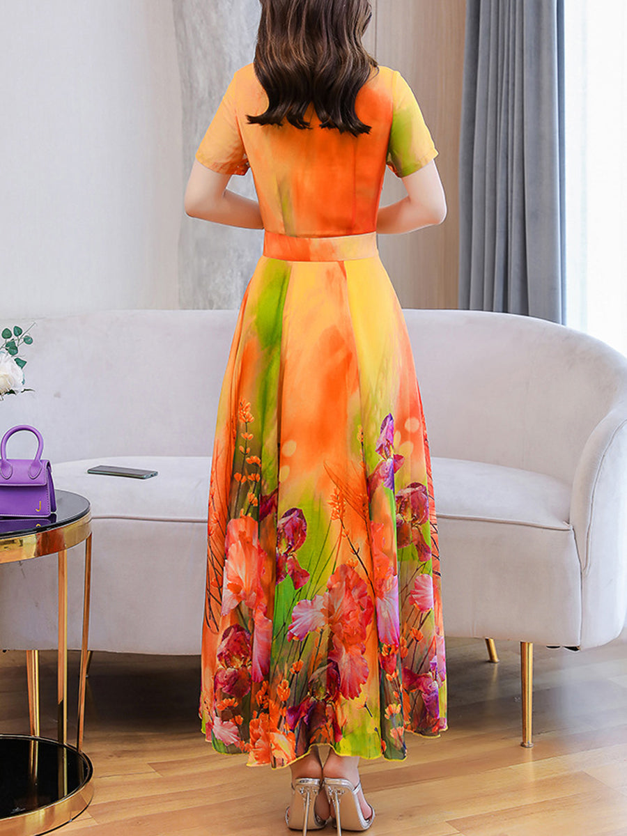Elegant Round Neck Print Short Sleeve Dress