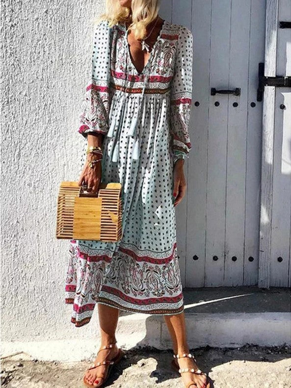Vintage Long Sleeve V-Neck Printed Dress