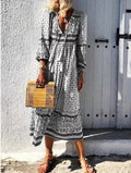 Vintage Long Sleeve V-Neck Printed Dress