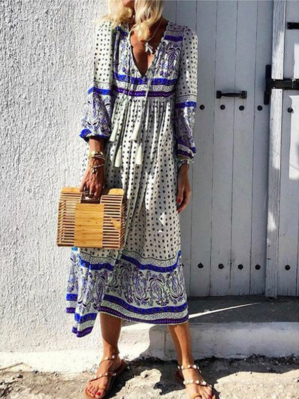 Vintage Long Sleeve V-Neck Printed Dress
