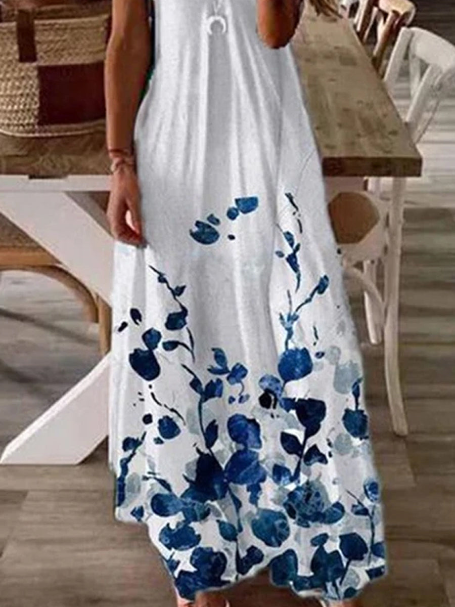 Womens Flower Print V-neck Fashion Casual Maxi Dress
