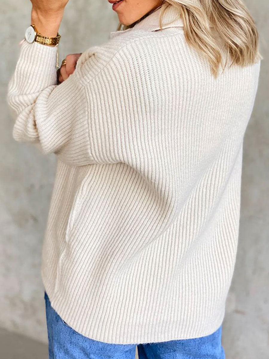 Polo Collar Solid Color Casual Loose Sweater Pullover
