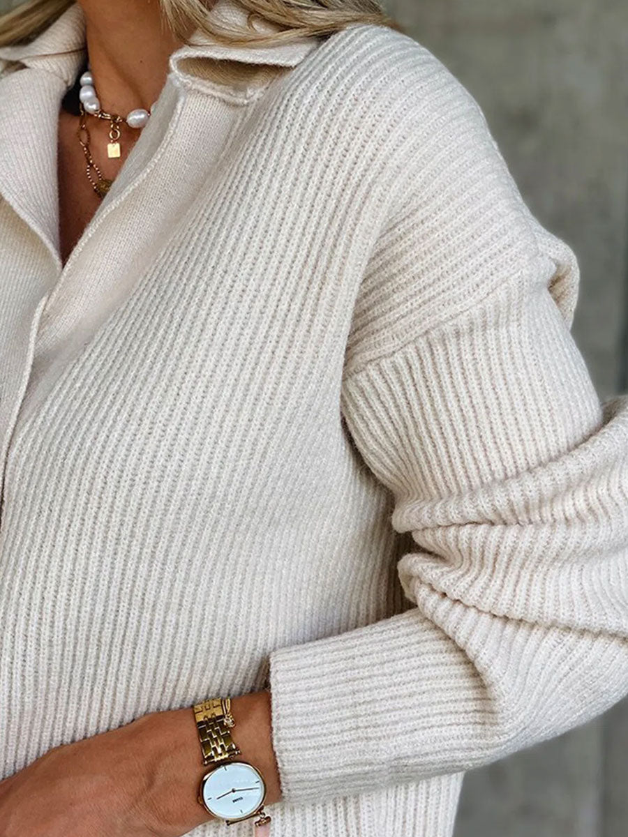 Polo Collar Solid Color Casual Loose Sweater Pullover