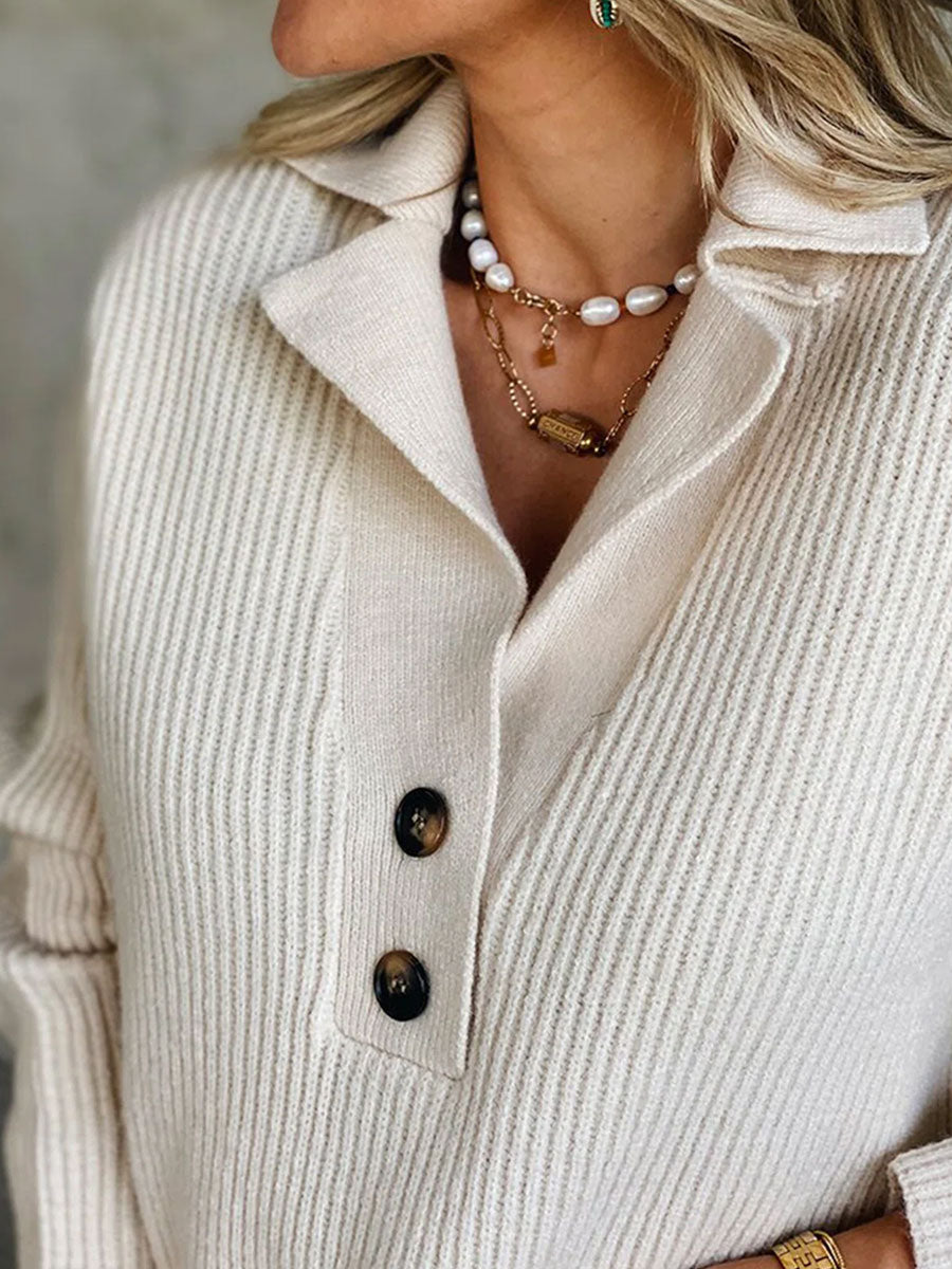 Polo Collar Solid Color Casual Loose Sweater Pullover