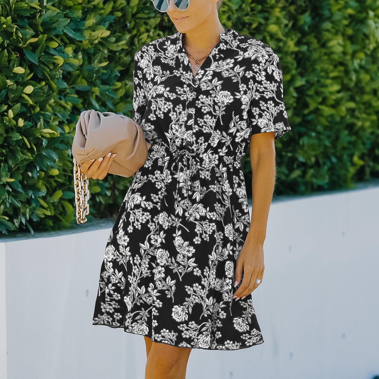 V-Neck Tie Floral Chiffon Dress