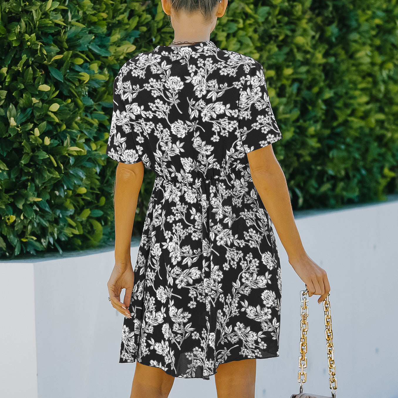 V-Neck Tie Floral Chiffon Dress