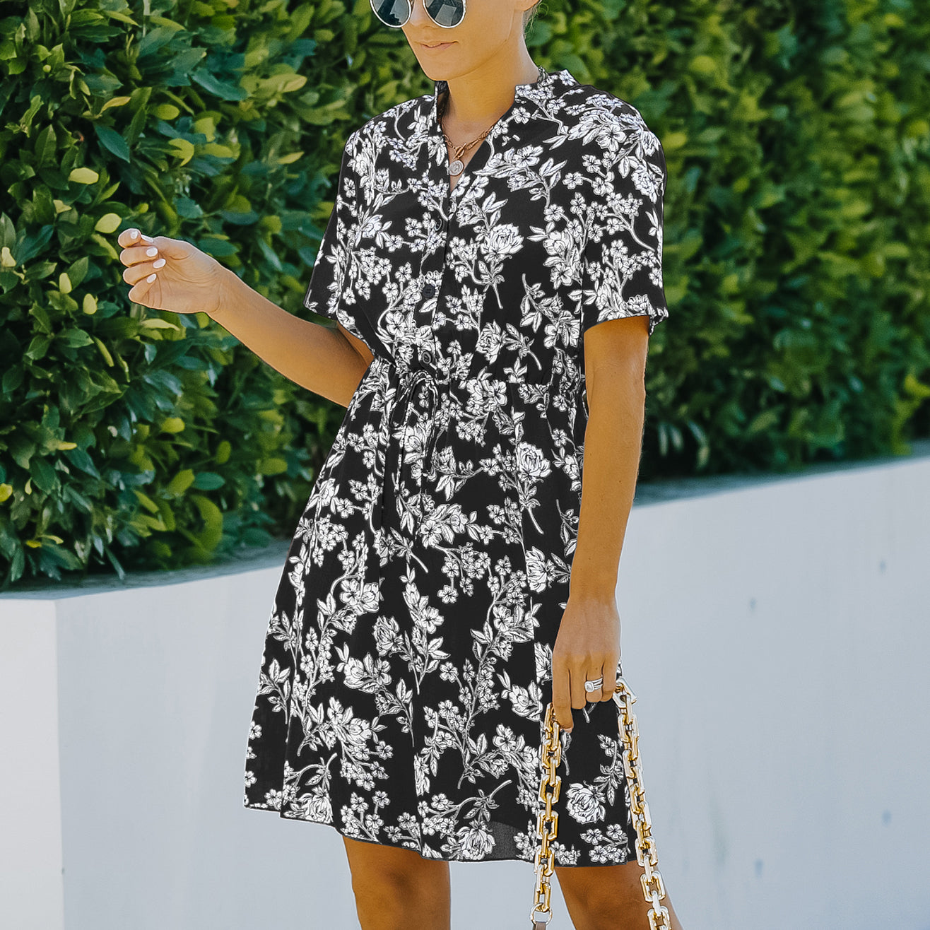 V-Neck Tie Floral Chiffon Dress