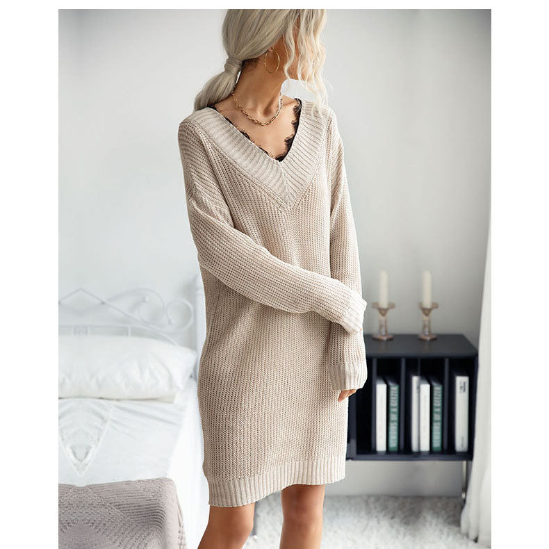Medium Length V-neck Knit With Lace Stitching Loose Commuter Wool Dress For Women