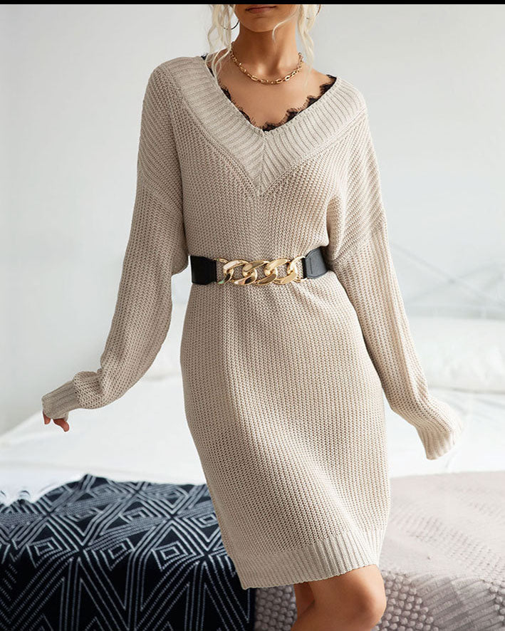 Medium Length V-neck Knit With Lace Stitching Loose Commuter Wool Dress For Women