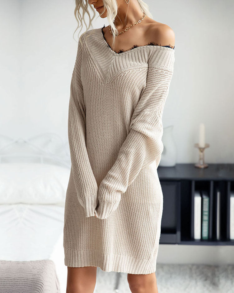 Medium Length V-neck Knit With Lace Stitching Loose Commuter Wool Dress For Women