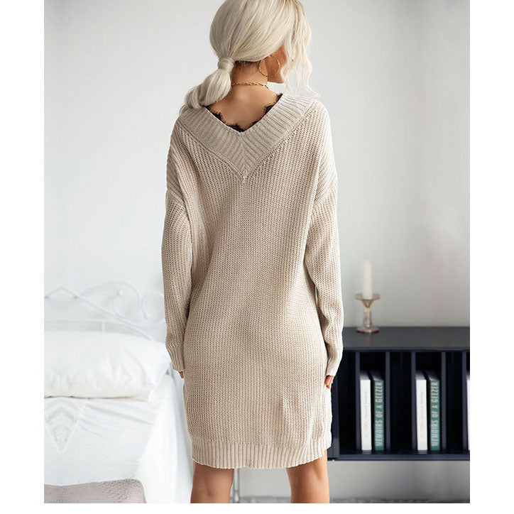 Medium Length V-neck Knit With Lace Stitching Loose Commuter Wool Dress For Women