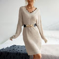 Medium Length V-neck Knit With Lace Stitching Loose Commuter Wool Dress For Women
