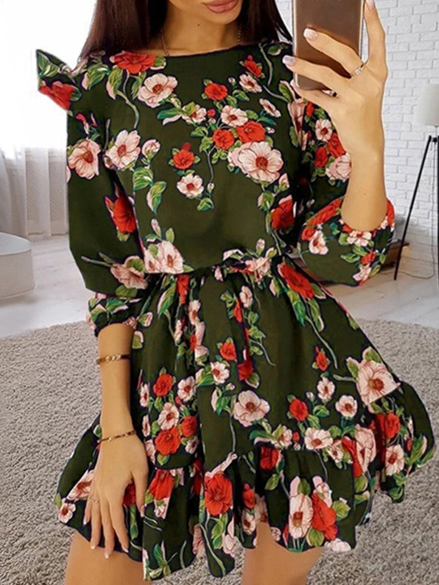 Floral Print Round Neck Mid-sleeve Mini Dress