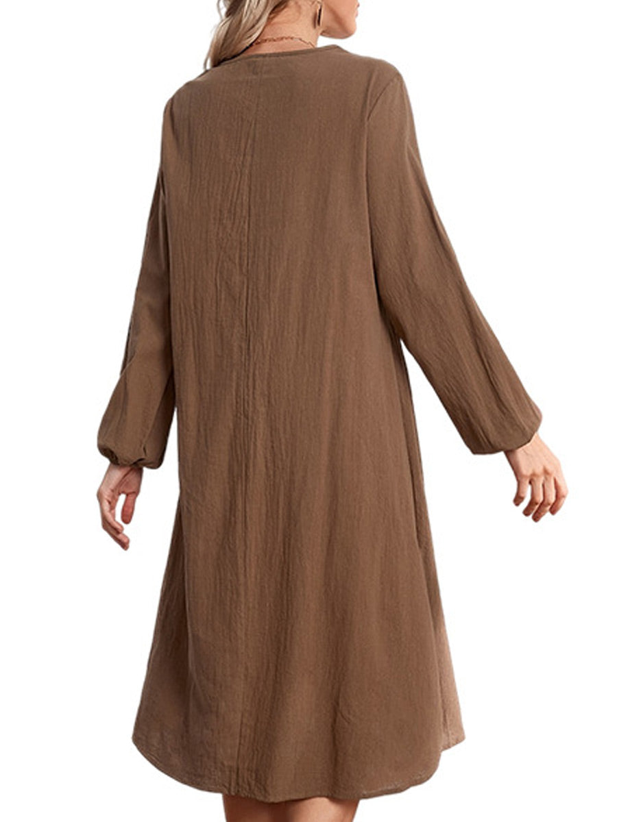 V-neck Solid Color Loose Casual Long-sleeved Midi Dress