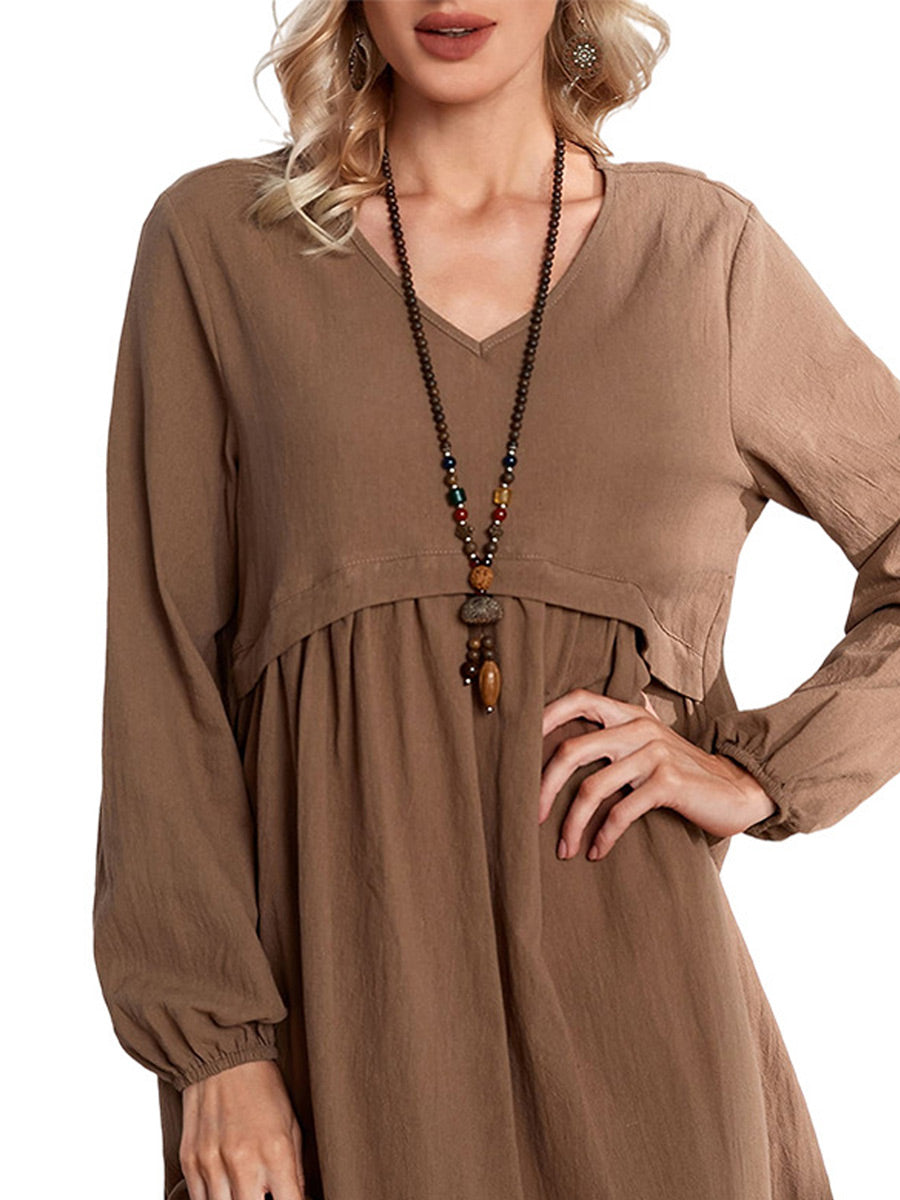 V-neck Solid Color Loose Casual Long-sleeved Midi Dress
