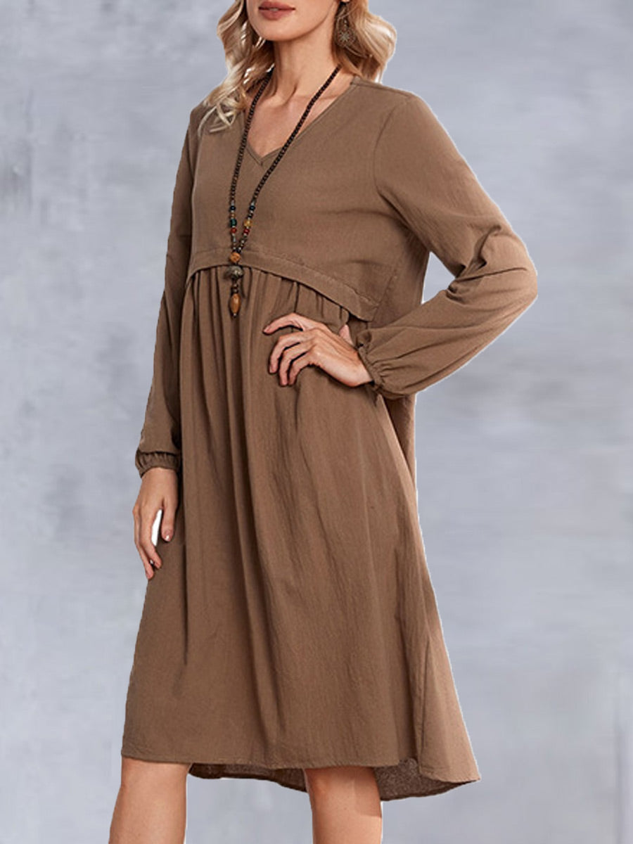 V-neck Solid Color Loose Casual Long-sleeved Midi Dress