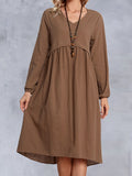 V-neck Solid Color Loose Casual Long-sleeved Midi Dress