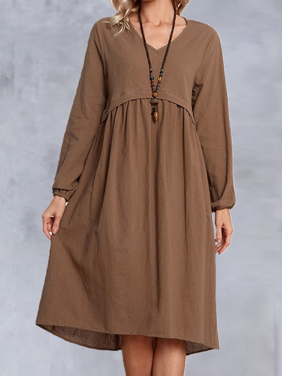 V-neck Solid Color Loose Casual Long-sleeved Midi Dress