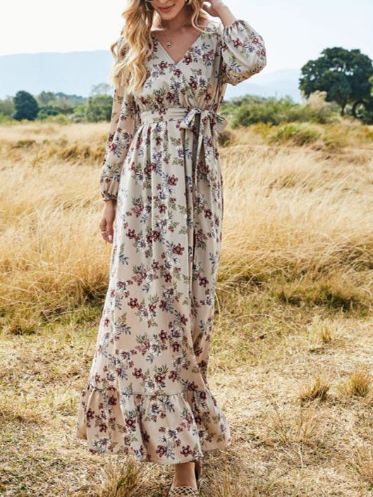 Bohemian Floral Print V-neck Stitching Hem Long Sleeve Maxi Dress