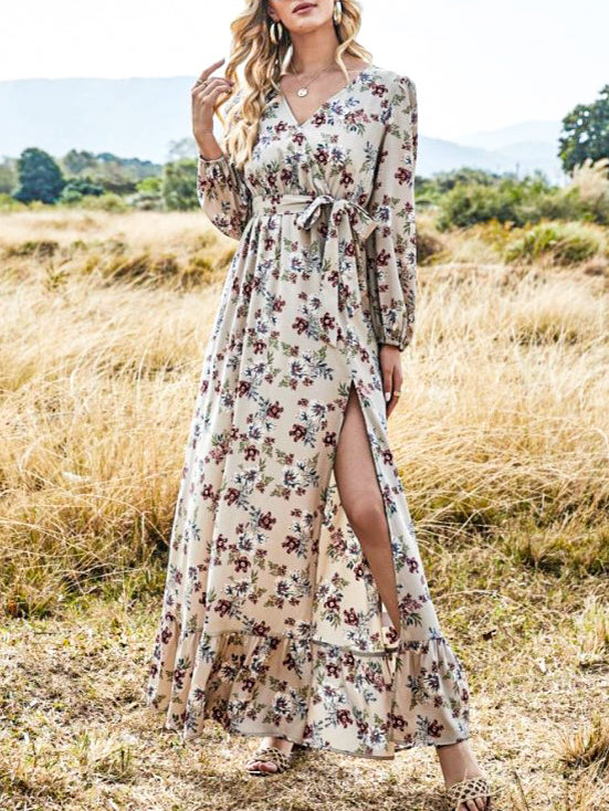 Bohemian Floral Print V-neck Stitching Hem Long Sleeve Maxi Dress