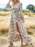 Bohemian Floral Print V-neck Stitching Hem Long Sleeve Maxi Dress