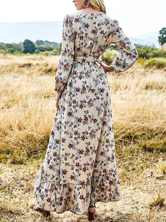 Bohemian Floral Print V-neck Stitching Hem Long Sleeve Maxi Dress