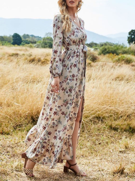 Bohemian Floral Print V-neck Stitching Hem Long Sleeve Maxi Dress