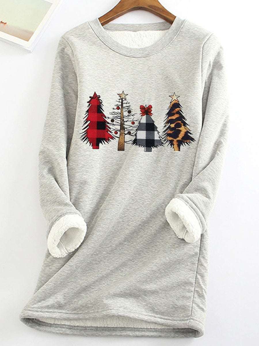 Fleece Warm Christmas Tree Print Long Sleeve T-shirt
