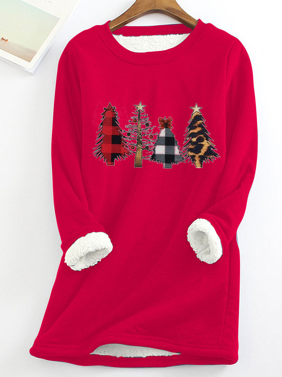 Fleece Warm Christmas Tree Print Long Sleeve T-shirt