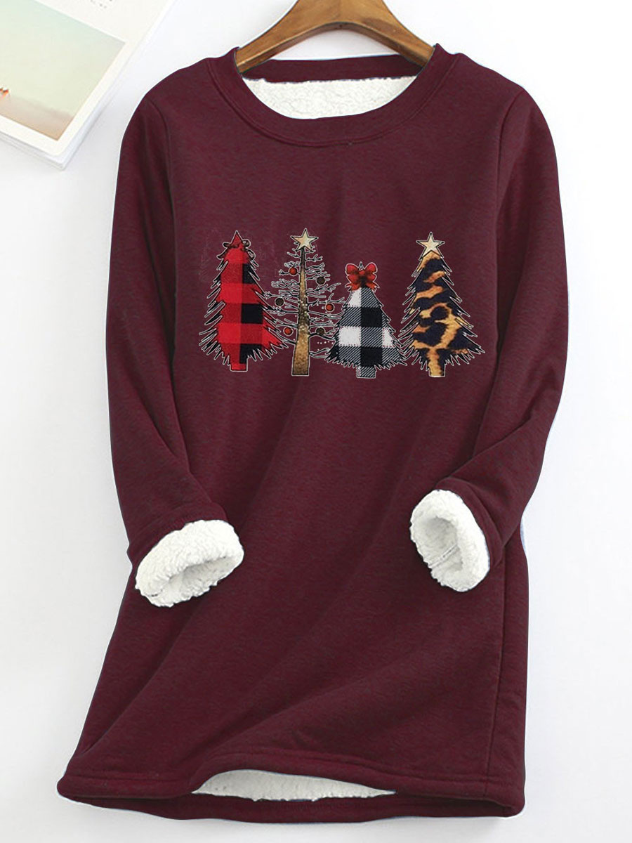 Fleece Warm Christmas Tree Print Long Sleeve T-shirt