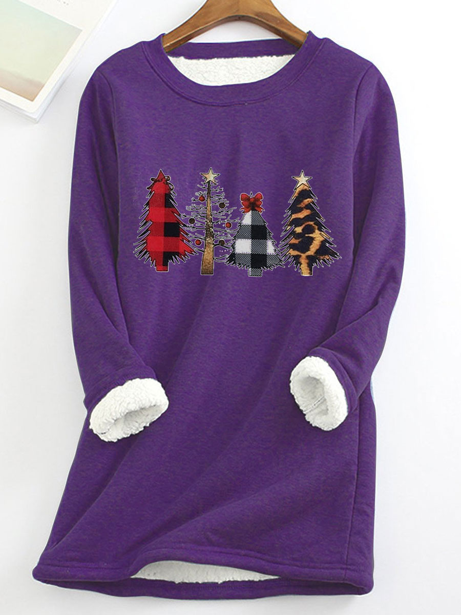 Fleece Warm Christmas Tree Print Long Sleeve T-shirt