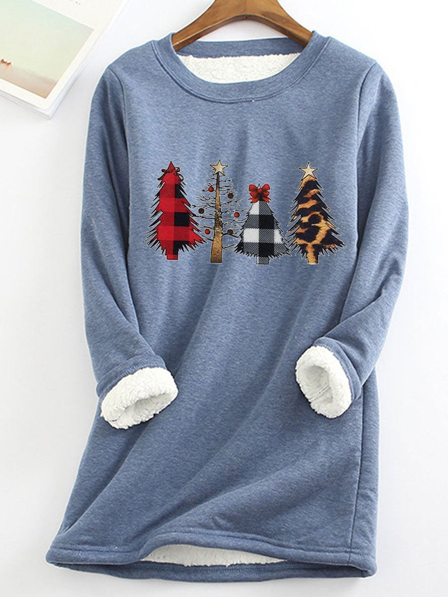 Fleece Warm Christmas Tree Print Long Sleeve T-shirt
