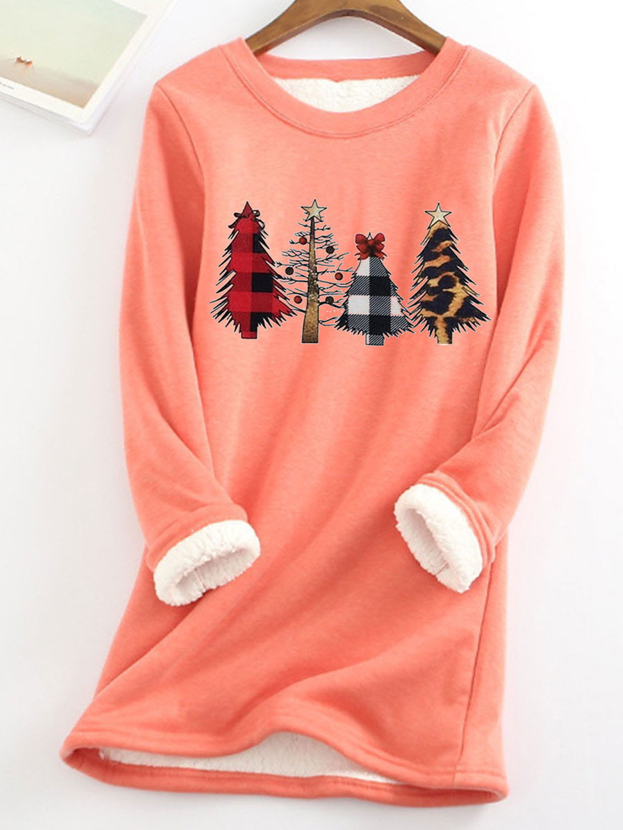 Fleece Warm Christmas Tree Print Long Sleeve T-shirt