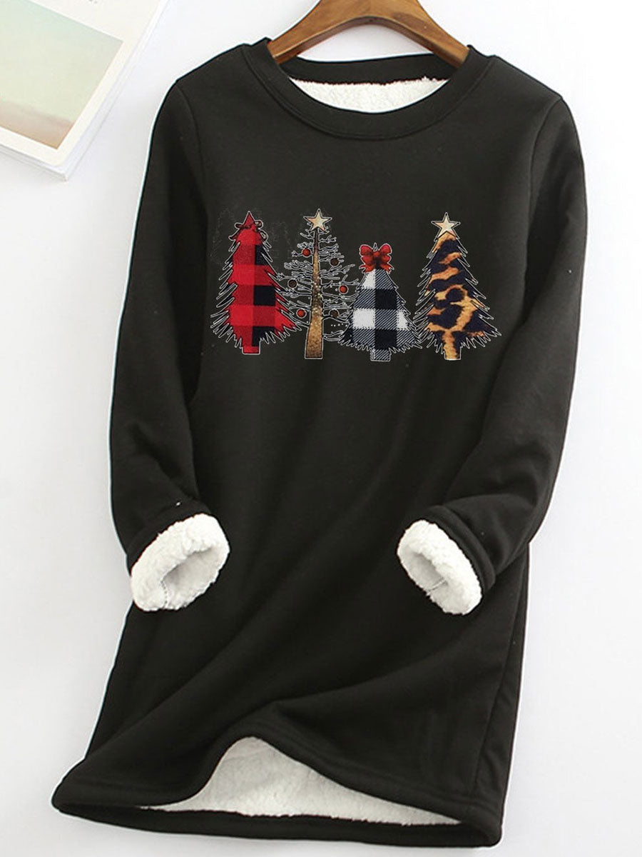 Fleece Warm Christmas Tree Print Long Sleeve T-shirt