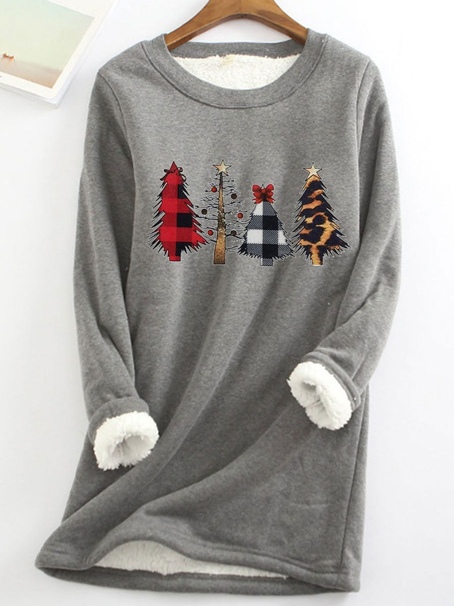 Fleece Warm Christmas Tree Print Long Sleeve T-shirt