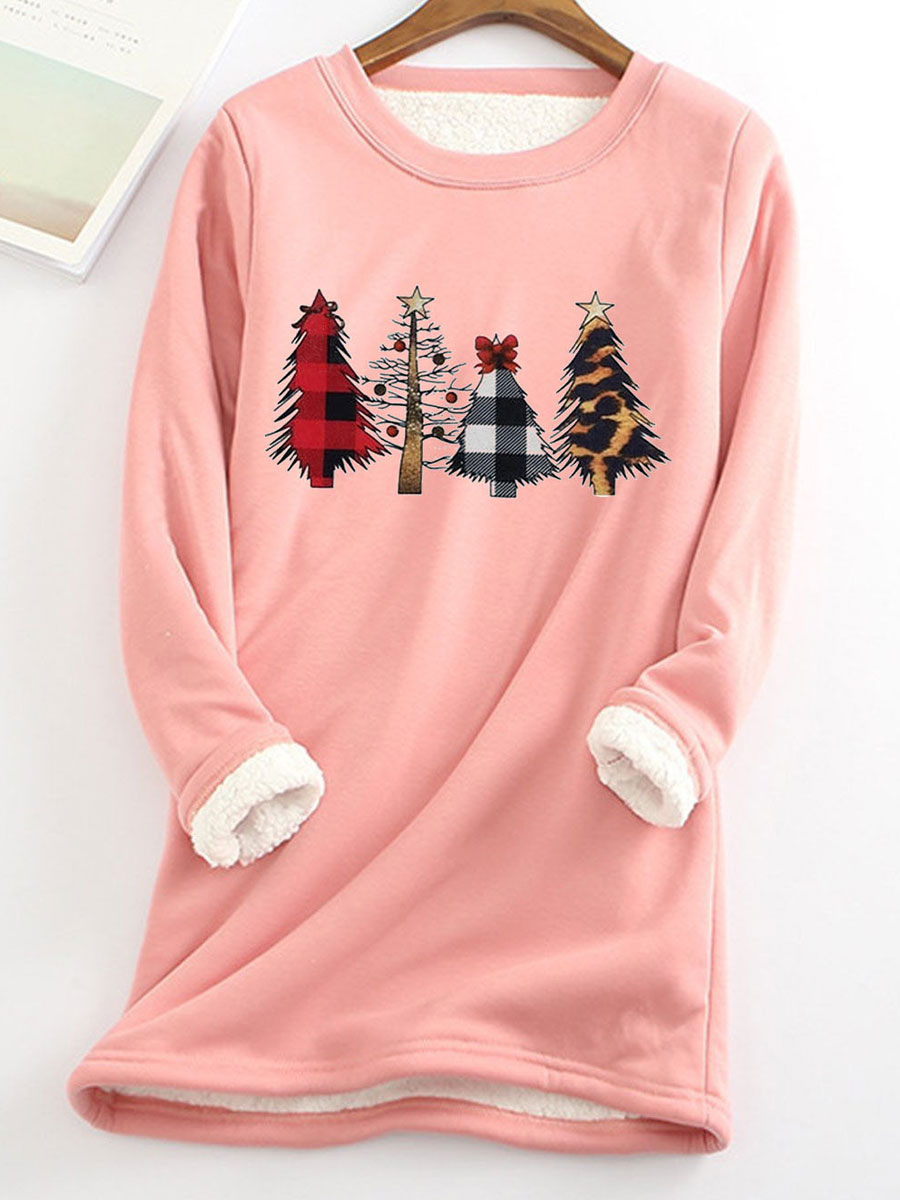 Fleece Warm Christmas Tree Print Long Sleeve T-shirt