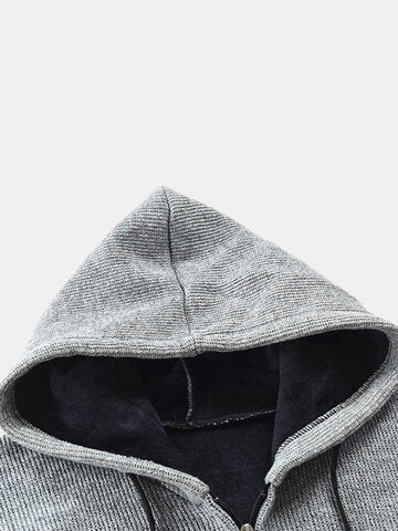 mens ethnic style knitted woolen zipper drawstring hooded sweater cardigan