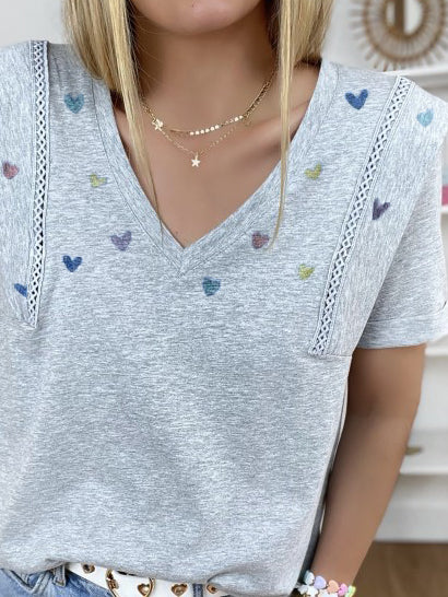 Heart Print V Neck Short Sleeves Shoulder Pads T-shirt