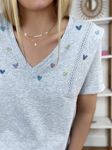 Heart Print V Neck Short Sleeves Shoulder Pads T-shirt