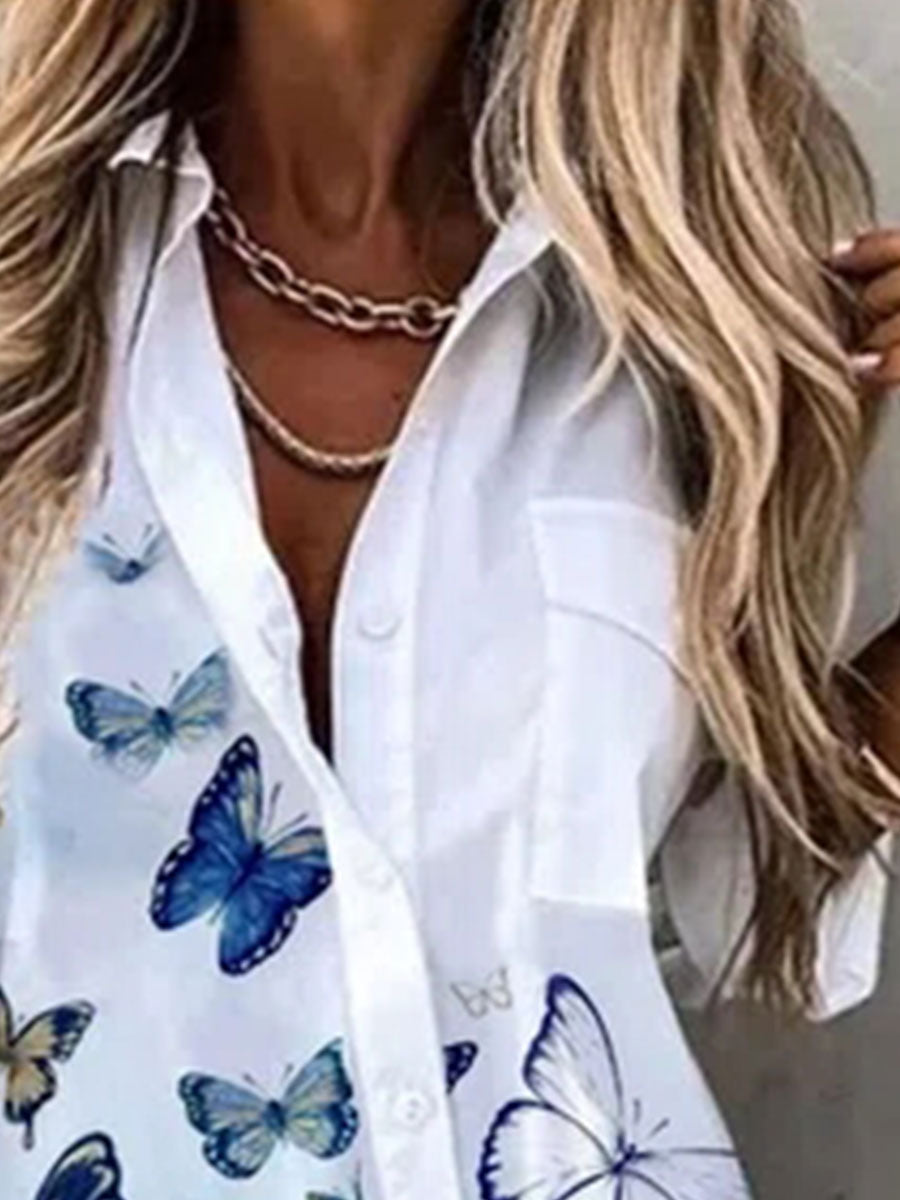 Fashion Butterfly Print Lapel Long Sleeve Casual Blouse