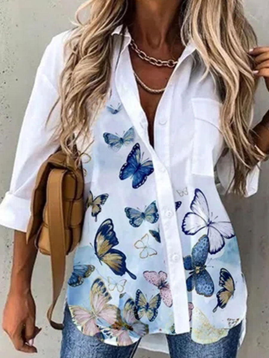Fashion Butterfly Print Lapel Long Sleeve Casual Blouse