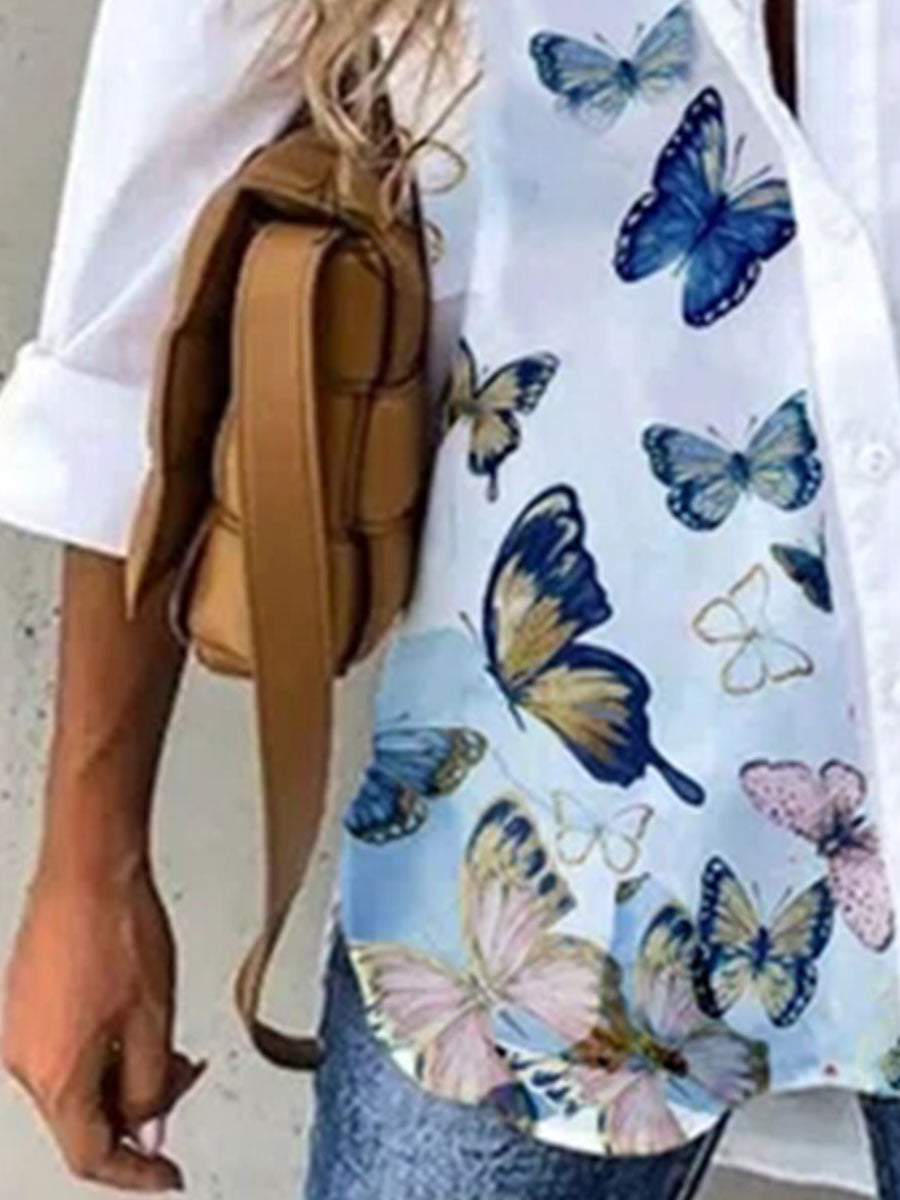 Fashion Butterfly Print Lapel Long Sleeve Casual Blouse