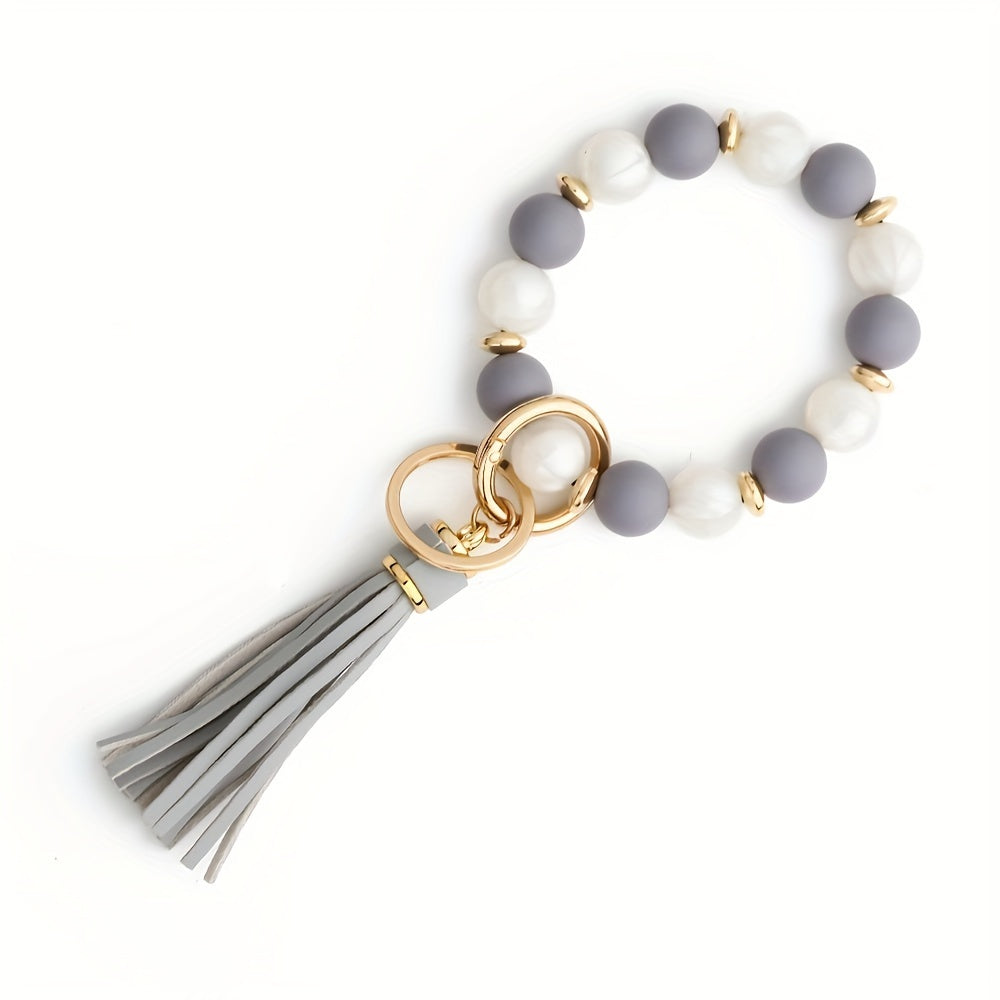 Silicone Beaded Bracelet Keychain, Key Ring Bangle Wristlet Keychain With Faux Leather Tassel For Women/Girls